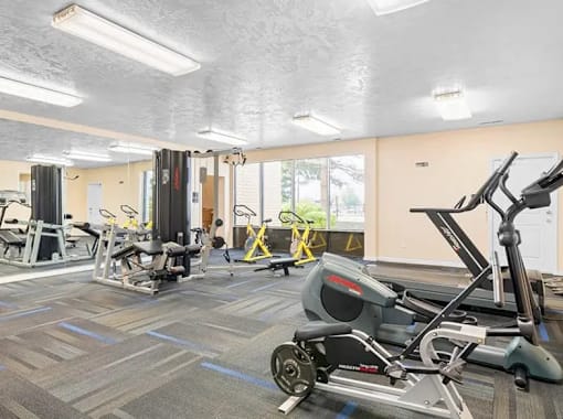 A gym with a variety of exercise equipment including treadmills, stationary bikes, and weight machines.