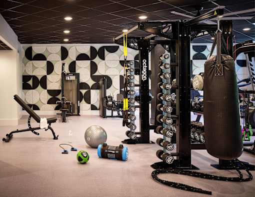 A gym with a punching bag, weights, and exercise equipment.