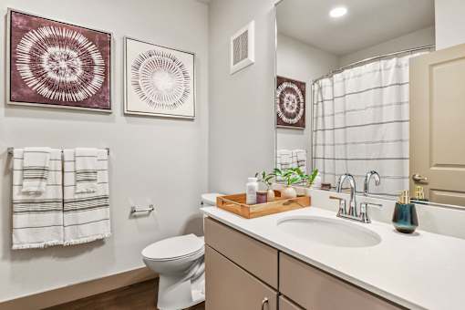 A bathroom with a white toilet, a sink, and two wall hangings.