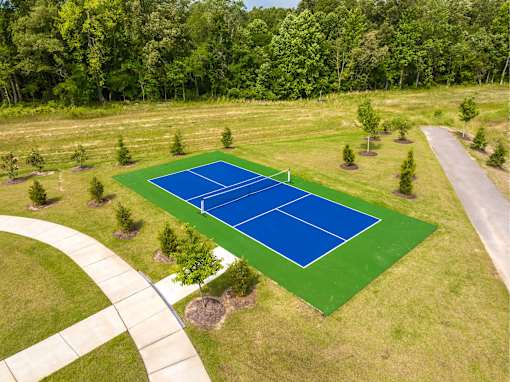 A blue tennis court surrounded by green grass and trees.