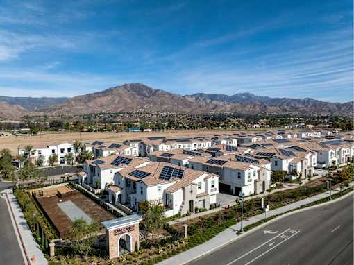A residential area with houses and a mountain in the background.