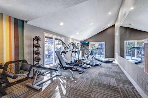 A gym with a variety of equipment including treadmills, weights, and exercise machines.