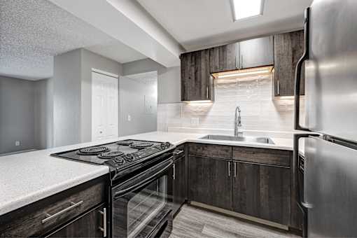 A modern kitchen with dark wood cabinets and stainless steel appliances.