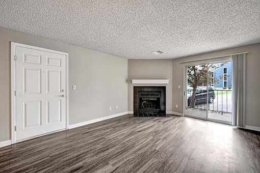 A room with a fireplace and a sliding glass door.