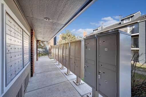 A long row of mailboxes are lined up on a sidewalk.