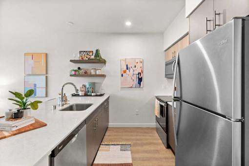A modern kitchen with a stainless steel refrigerator and a sink with a plant on the counter.