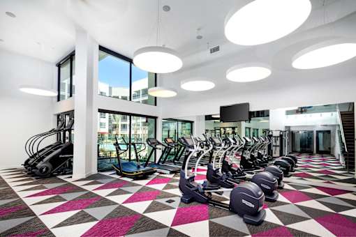 A gym with a row of treadmills and elliptical machines