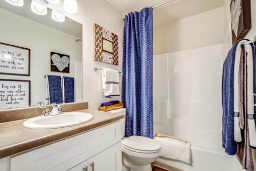 A bathroom with a toilet, sink, and shower.