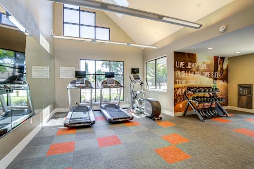 A gym with treadmills, elliptical machines, and a sign that says "Live. Jump. Love. Push-up. Give. Sleep."
