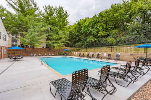 A pool surrounded by trees and chairs.