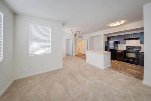 A spacious living room with a kitchen in the background.