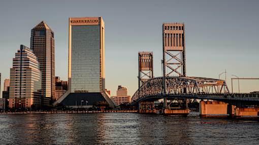 A cityscape with a bridge and buildings in the background.