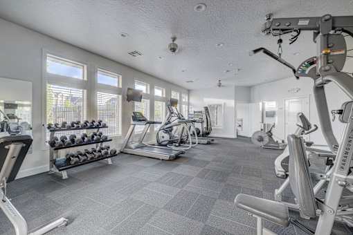 A gym with a variety of equipment including a treadmill, a stationary bike, and a weight rack.
