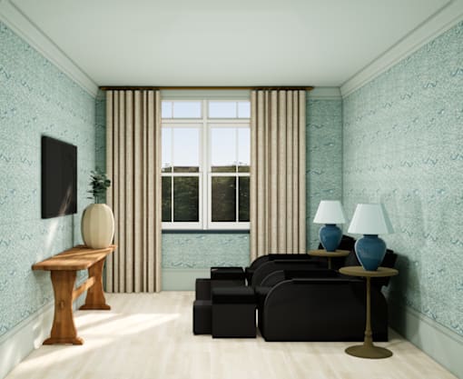 A living room with a black sofa, a wooden table, and two blue lamps.