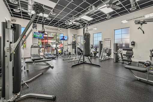 A gym with a variety of equipment including a punching bag.
