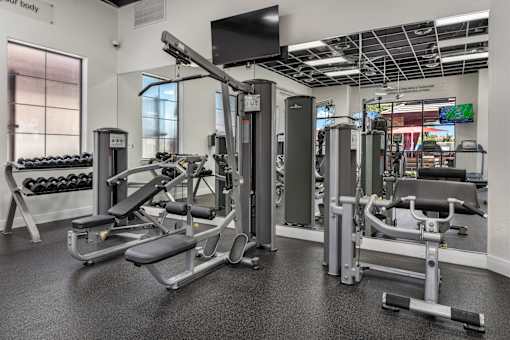 A gym with a variety of equipment including a leg press machine, a chest press machine, and a squat rack.