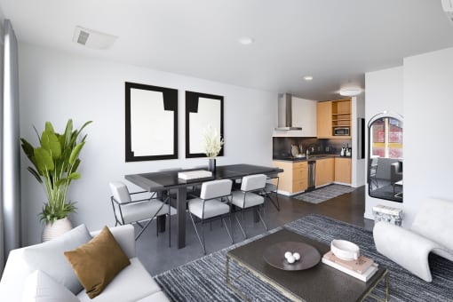 Living room and dining room with a table and chairs