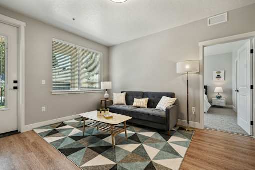 A living room with a couch, a coffee table, and a rug.