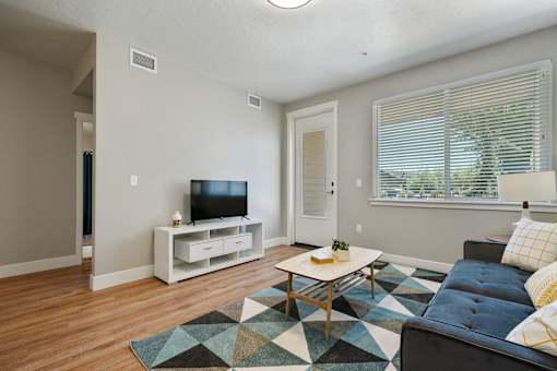 A living room with a blue couch and a television.