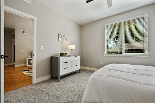 A bedroom with a white bed, a grey dresser, and a window with blinds.