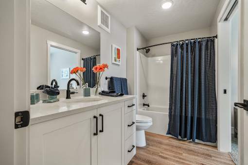 A bathroom with a white countertop and a toilet with a black handle.