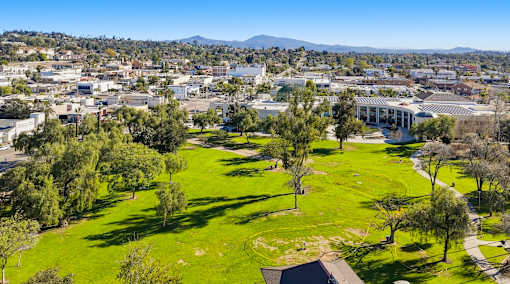 A view of a green field with trees and buildings in the background.