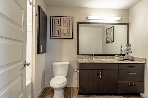 A bathroom with a toilet, sink, and mirror.