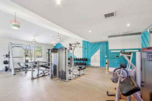 A gym with a variety of equipment including weights and machines.