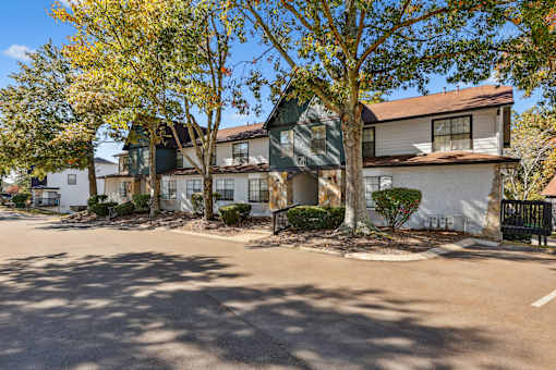 A row of houses with trees in front.