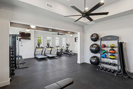 Spacious fitness center at Lakeview Terrace apartments equipped with cardio machines, free weights, and workout equipment.