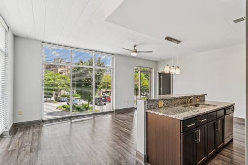 the preserve at ballantyne commons spacious living room and kitchen with large windows