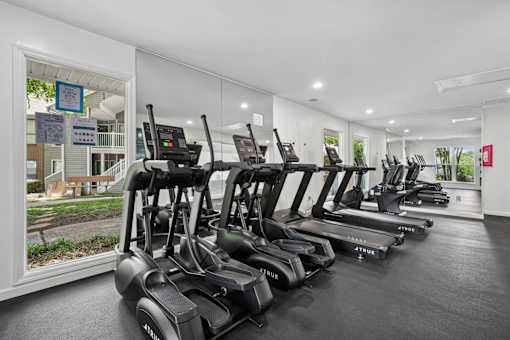 A gym with treadmills and elliptical machines.