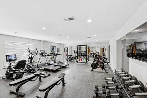 A spacious gym with a variety of equipment including treadmills, elliptical machines, and weight machines.