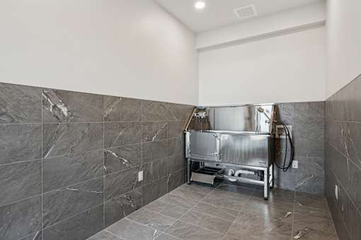 Dog wash station at Lakeview Terrace apartments n Ridgeland, SC featuring tiled walls and updated fixtures.