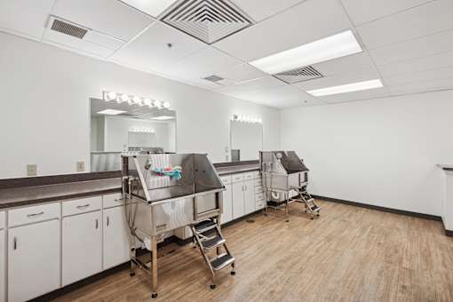 A hospital room with a bed and a mirror.