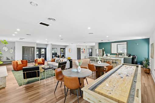 A room with a shag carpet and a shuffleboard table.