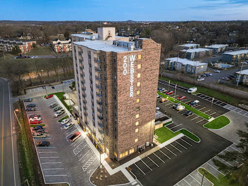 A tall building with the words "2 WEST" on it.