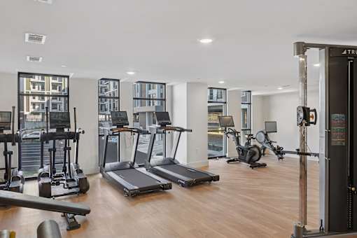 A gym with treadmills, weights and exercise machines.