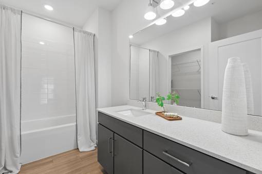A bathroom with a white countertop and a large mirror.