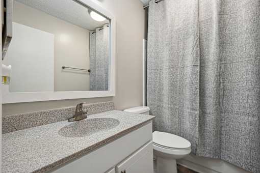 A bathroom with a sink, toilet, and shower curtain.