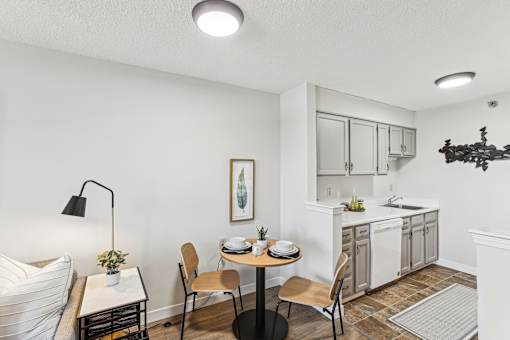 A kitchen with a table and chairs in the foreground and a countertop with a sink in the background.