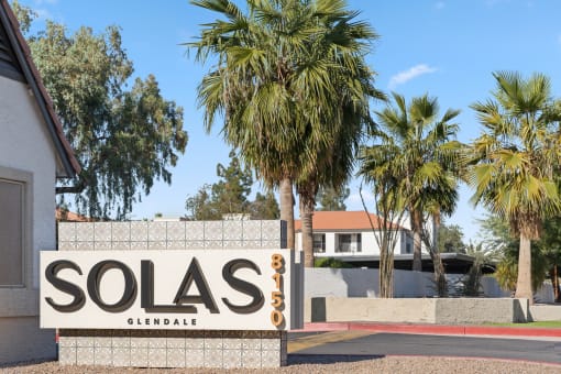 a sign for solas in front of palm trees
