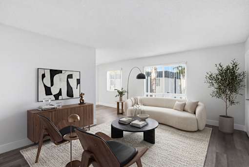 A living room with a white sofa, a wooden chair, a coffee table, and a plant.