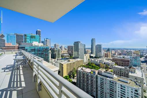 A cityscape with a clear blue sky and buildings of various heights.