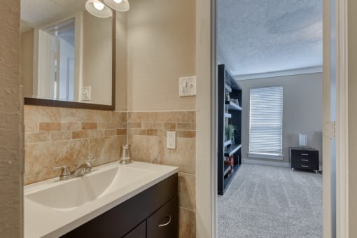 a bathroom with a sink and mirror
