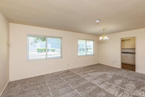 A spacious room with a carpeted floor and two windows.