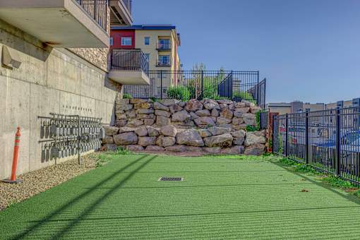 A green lawn in front of a stone wall and a building.