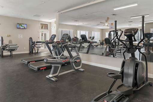 A gym with treadmills and elliptical machines.
