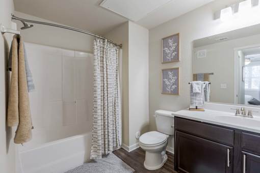 A bathroom with a toilet, sink, and shower.