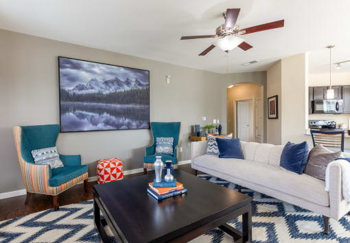 a living room with a couch and a coffee table